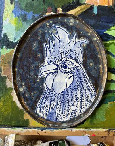 Rooster Platter, hand-painted ceramic