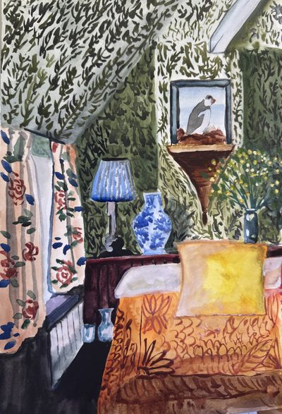 Bedroom with Patterned Curtains, watercolour painting