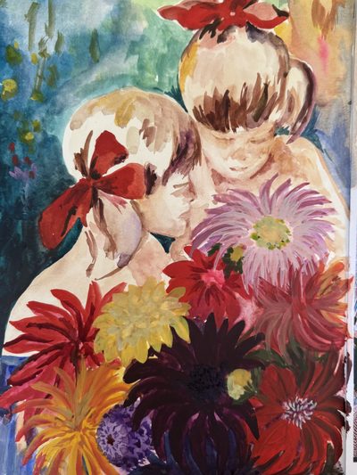 Children Among Dahlias, watercolour painting