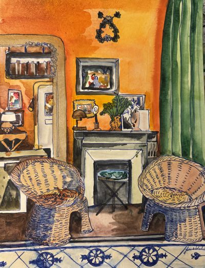 Orange Room with Wicker Chairs, watercolour painting