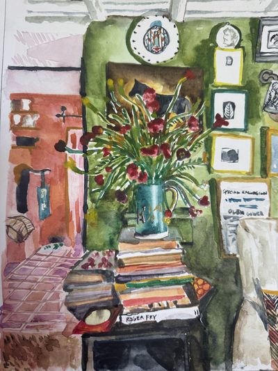 Flowers and Books, watercolour painting