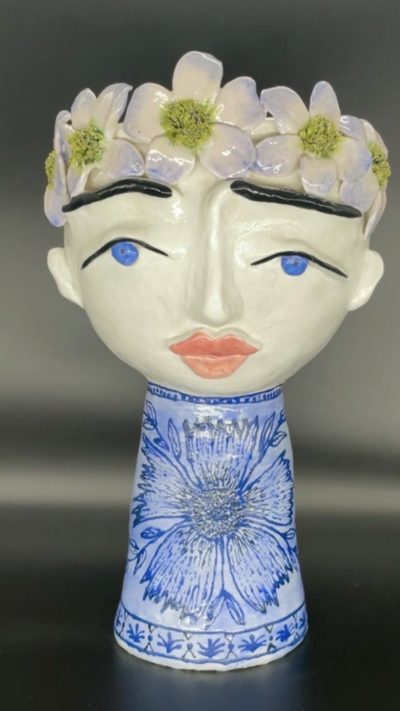 Blue Floral Head Vase, handmade ceramic