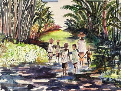 Children Under the Palms, Watercolour on paper